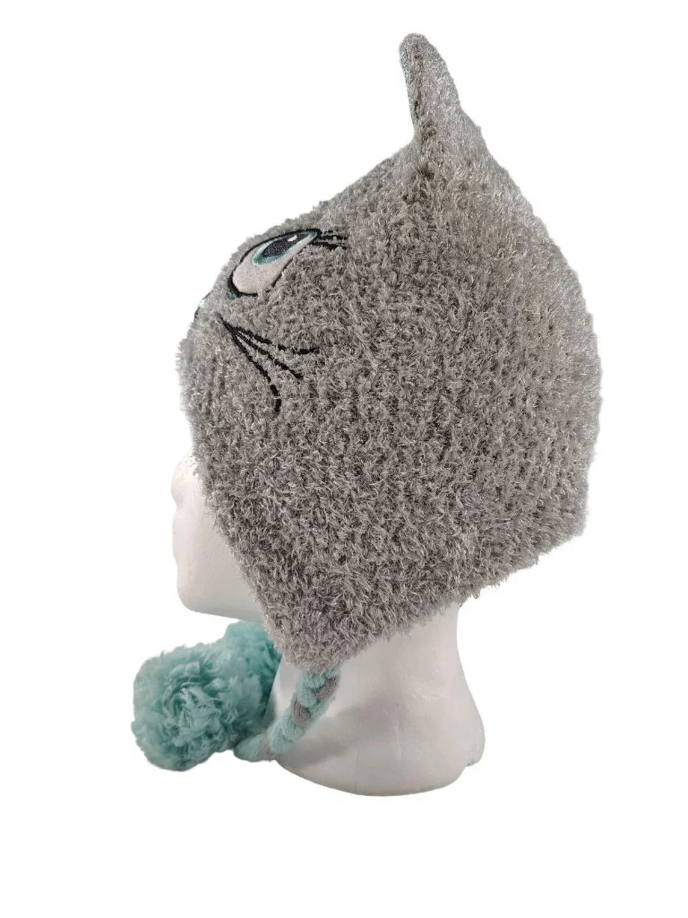 Girl's Mint Green & Gray Kitty-Cat Themed Winter Beanie